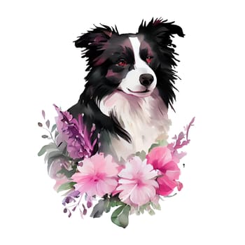 Border collie dog with pink flowers portrait watercolor Illustration isolated on white background. Generative AI