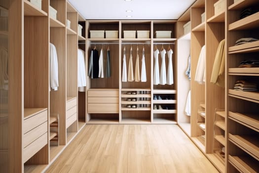 clothes hanging on rail in wooden closet at home AI generated