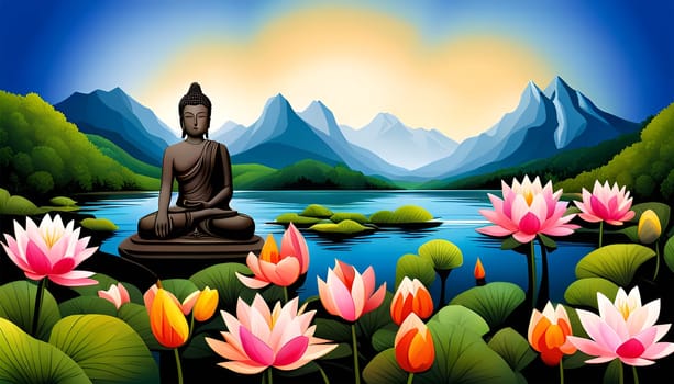 Buddha meditation in the mountain among lotus flowers - Generative AI