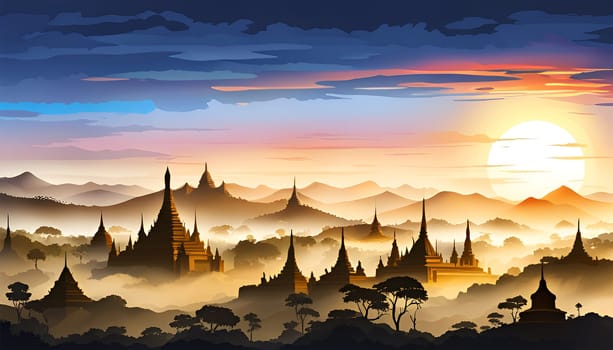 Burma fantasy landscape by morning foggy sunrise - Generative AI