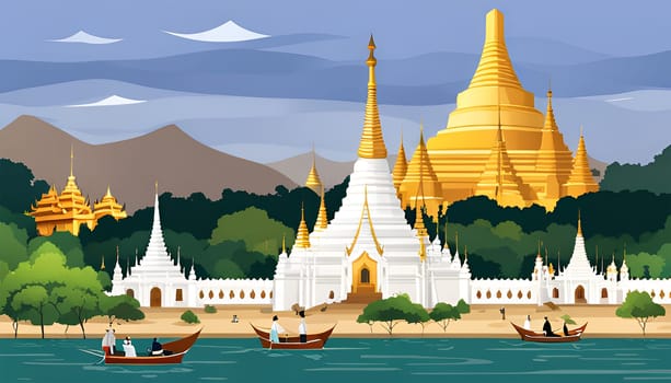 Burma fantasy landscape with pagodes - Generative AI