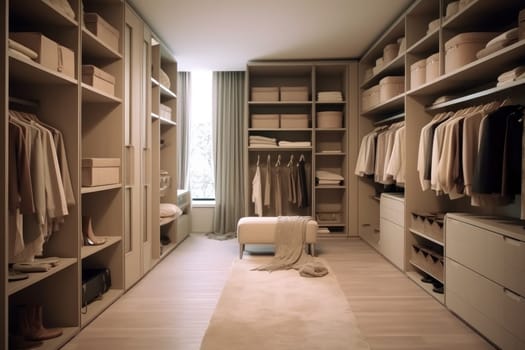 clothes hanging on rail in wooden closet at home AI generated