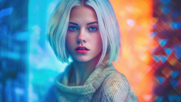 Beautiful model with colorful and trendy outfit with glowing light, colorful dyed hair and fashionable glitch core teenager girl. Picturesque generative AI
