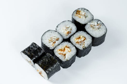 Japanese traditional food. Sushi rolls with fresh tuna avocado and cream cheese and soy sauce