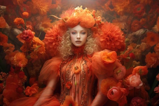 A stunning swedish woman dressed in orange costume with flowers in her hands in the style of ethereal dreamscapes. beautiful Generative AI AIG32