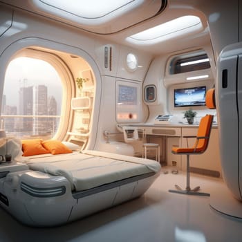 The apartment is capsule type, high technology. The architecture of the future