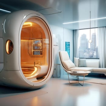 The apartment is capsule type, high technology. The architecture of the future