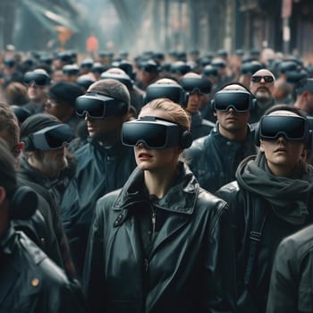 A large crowd of people wearing virtual glasses. A vision for the future