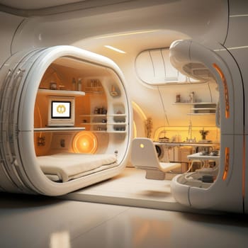 The apartment is capsule type, high technology. The architecture of the future