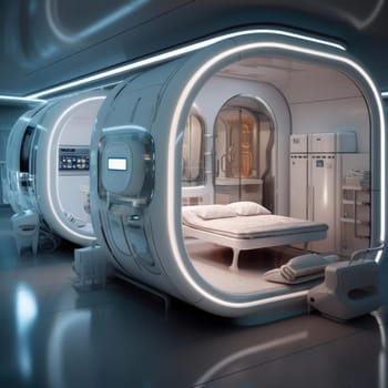 The apartment is capsule type, high technology. The architecture of the future