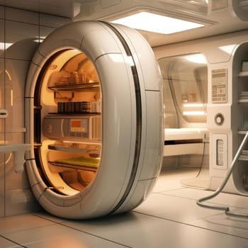 The apartment is capsule type, high technology. The architecture of the future