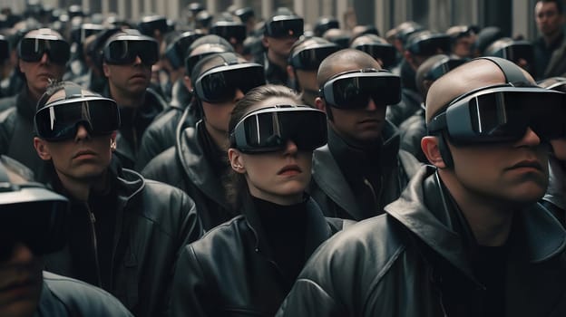 A large crowd of people wearing virtual glasses. A vision for the future