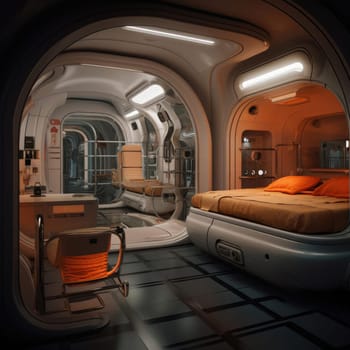 The apartment is capsule type, high technology. The architecture of the future