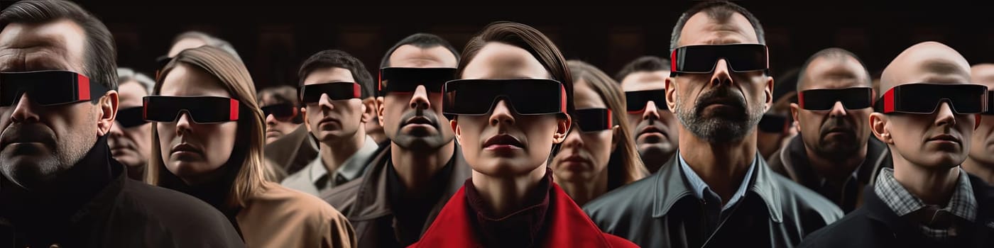 A large crowd of people wearing virtual glasses. A vision for the future