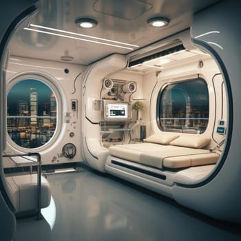 The apartment is capsule type, high technology. The architecture of the future