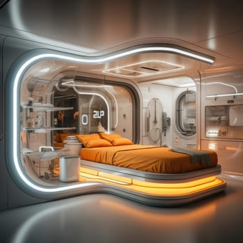 The apartment is capsule type, high technology. The architecture of the future