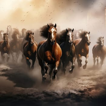 A herd of galloping horses. Dust from under the hooves