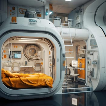 The apartment is capsule type, high technology. The architecture of the future