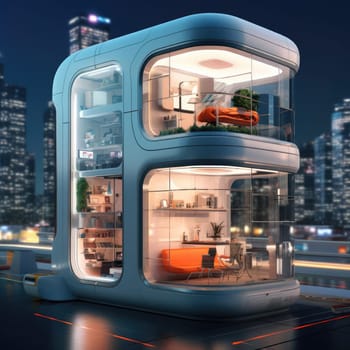 The apartment is capsule type, high technology. The architecture of the future