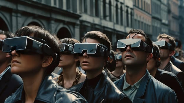 A large crowd of people wearing virtual glasses. A vision for the future