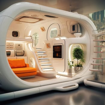 The apartment is capsule type, high technology. The architecture of the future