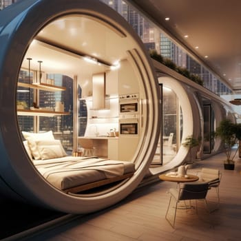 The apartment is capsule type, high technology. The architecture of the future