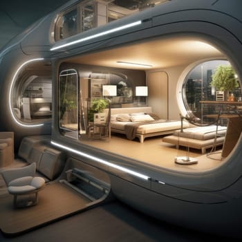 The apartment is capsule type, high technology. The architecture of the future