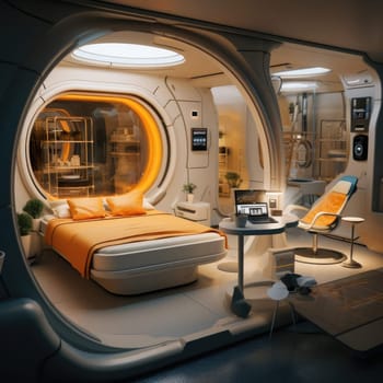 The apartment is capsule type, high technology. The architecture of the future