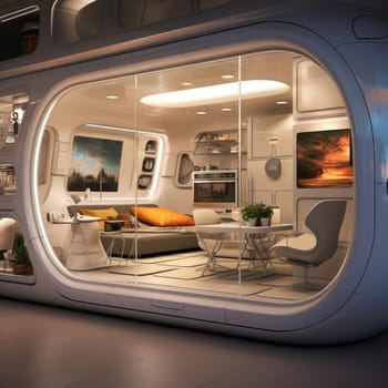 The apartment is capsule type, high technology. The architecture of the future