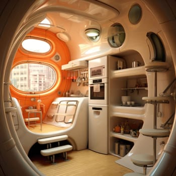 The apartment is capsule type, high technology. The architecture of the future