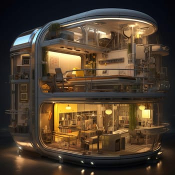 The apartment is capsule type, high technology. The architecture of the future