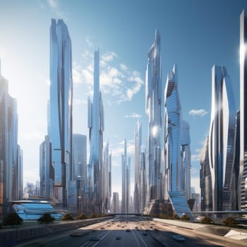 A group of skyscrapers of the future. Sunny day. The business concept of the future