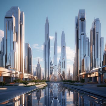 A group of skyscrapers of the future. Sunny day. The business concept of the future