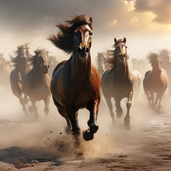 A herd of galloping horses. Dust from under the hooves