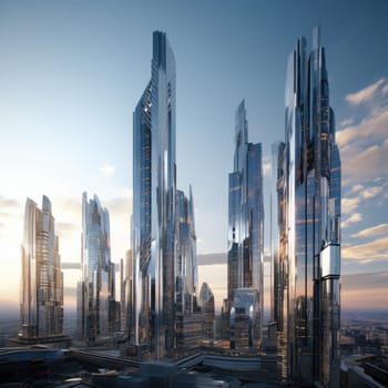 A group of skyscrapers of the future. Sunny day. The business concept of the future