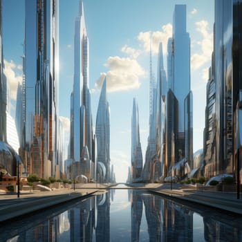 A group of skyscrapers of the future. Sunny day. The business concept of the future