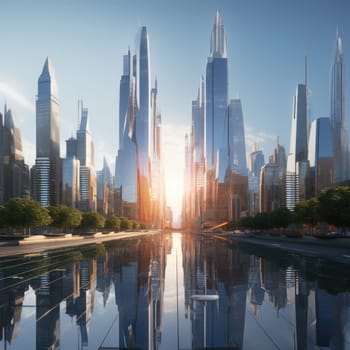 A group of skyscrapers of the future. Sunny day. The business concept of the future