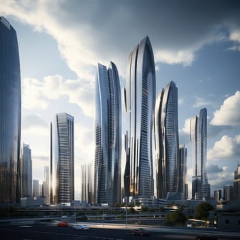 A group of skyscrapers of the future. Sunny day. The business concept of the future