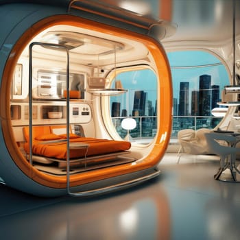 The apartment is capsule type, high technology. The architecture of the future