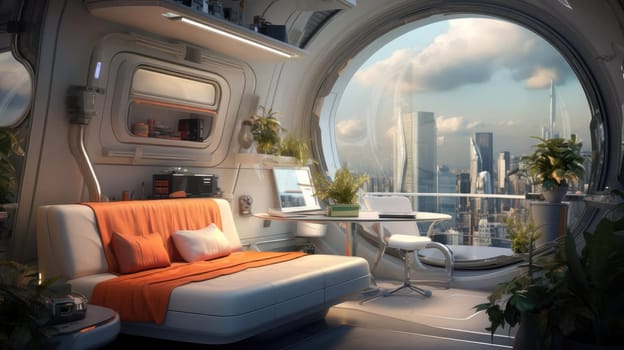 The apartment is capsule type, high technology. The architecture of the future