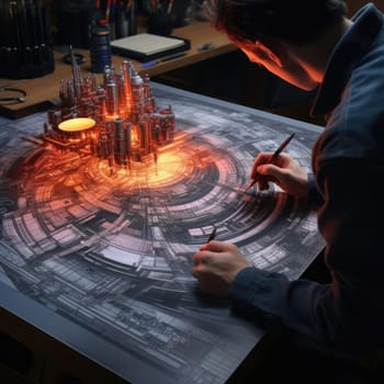 The engineer of the future draws a drawing. The concept of new developments