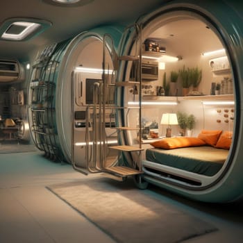 The apartment is capsule type, high technology. The architecture of the future