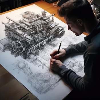 The engineer of the future draws a drawing. The concept of new developments