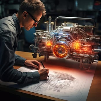 The engineer of the future draws a drawing. The concept of new developments