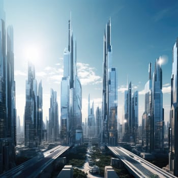 A group of skyscrapers of the future. Sunny day. The business concept of the future