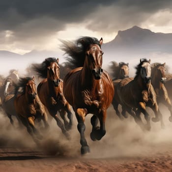 A herd of galloping horses. Dust from under the hooves