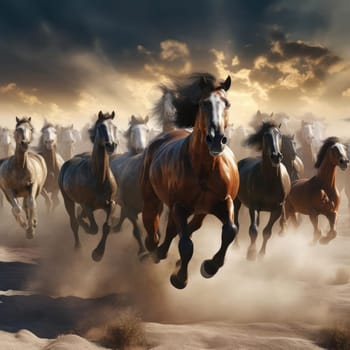 A herd of galloping horses. Dust from under the hooves