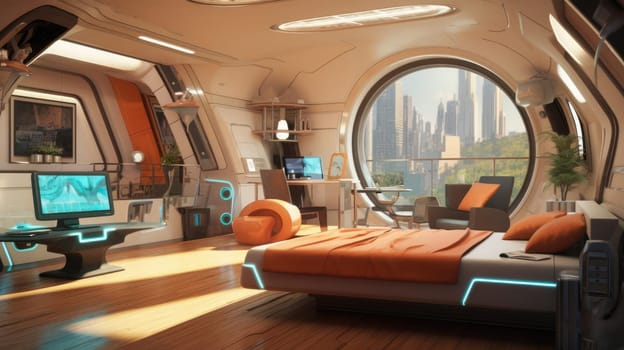 The apartment is capsule type, high technology. The architecture of the future