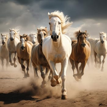 A herd of galloping horses. Dust from under the hooves