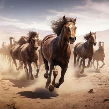 A herd of galloping horses. Dust from under the hooves